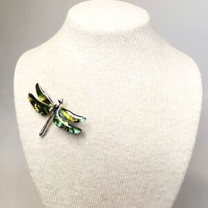 Dragonfly Brooch Silver Tone Metal With Abelone Shell Wings